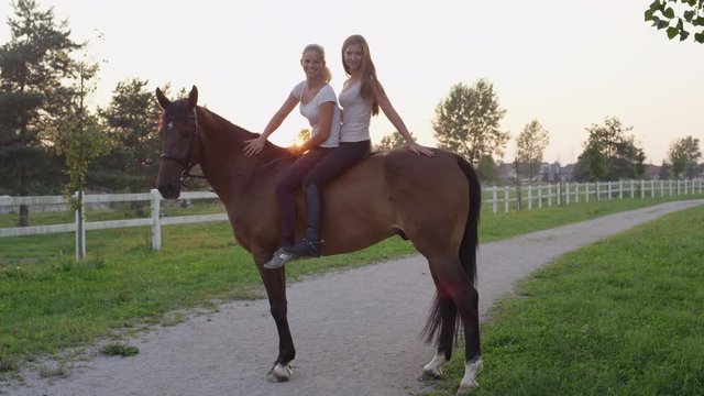 SLOW MOTION, CLOSE UP: Two cheerful Caucasian girls sitting on strong chestnut gelding on horse ranch at sunset. Happy girlfriends bareback riding stunning brown horse in nature at amazing sunrise