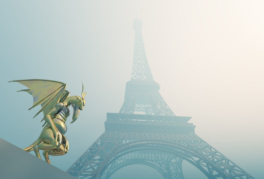 Gargoyle und Eiffelturm im Nebel