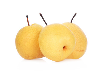 Three whole yellow pear fruits isolated on white background