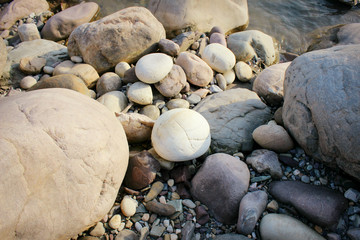 Round stones near river of Ganga