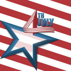 4th of July, American Independence Day, background in three dimensional number four design with blue five point star, white and red stripes ribbon 