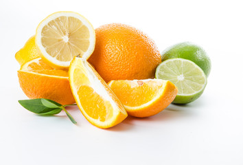 Fruit. Orange lemon lime and green mint leaves