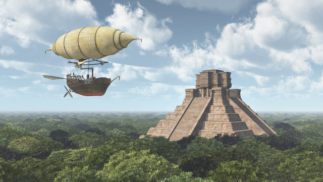 Fantasie Luftschiff und Maya Tempel