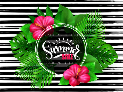 vector illustration of summer sale banner with hand lettering text surrounded with hibiscus flower and tropical leaves - monstera , palm, aralia on watercolor striped background