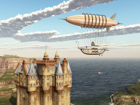 Fantasie Luftschiff und schottisches Schloss