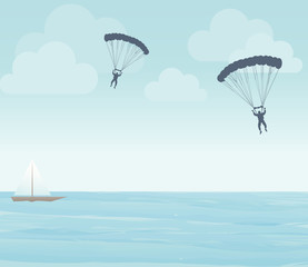 Paratroopers' silhouettes over the sea