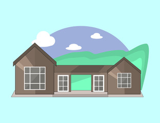 Mountain Side Summer Landscape With House, Trees and Clouds  in Flat Design.