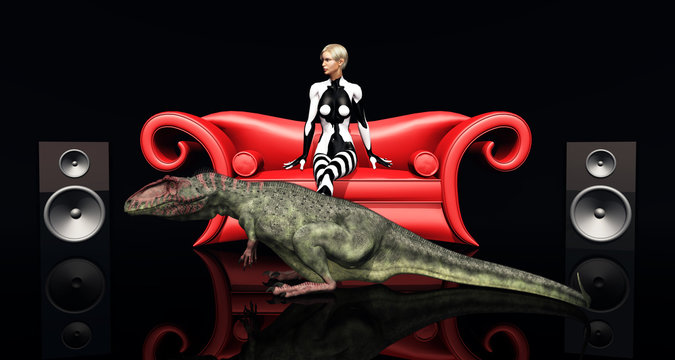 Frau auf rotem Sofa und der Dinosaurier Giganotosaurus