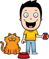 Obraz na płótnie Canvas Cartoon Boy Feeding Cat