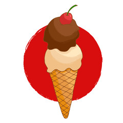 Double hand drawn ice-cream in a cone on red circle.