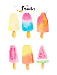 Set of 6 different watercolor popsicles isolated on white background.