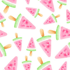 Seamless pattern with watercolor watermelon popsicles on white background.