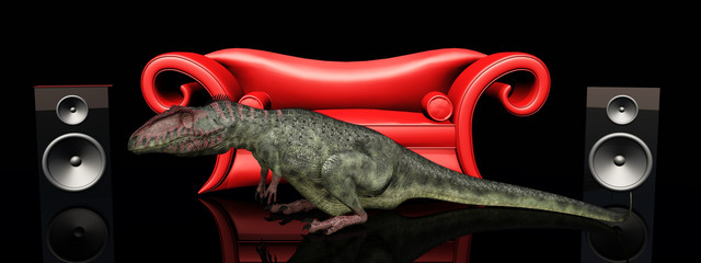 Rotes Sofa, Lautsprecherboxen und der Dinosaurier Giganotosaurus © Michael Rosskothen
