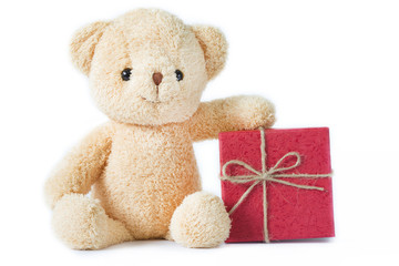 Bear doll with red gift box on white background isolated.