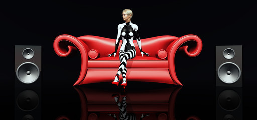 Attraktive Frau auf rotem Sofa mit Lautsprecherboxen © Michael Rosskothen