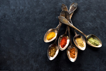 Spices and herbs in spoons and space for your text