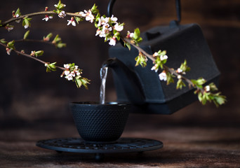 Black cast iron kettle and a cup. Tea concept