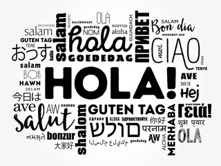 Hola! (Hello Greeting in Spanish) word cloud in different languages of the world, background concept