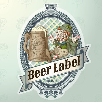Vintage vector template of beer label with Leprechaun and beer mug