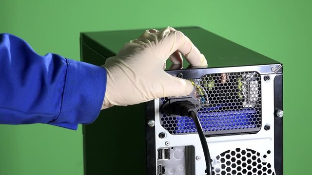 hand plug power cable to computer and press button.