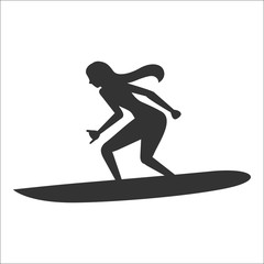 Surfing vector illustration. Silhouette of a woman on surfboard