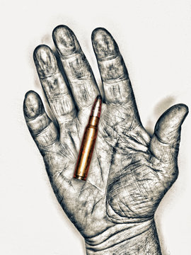 Black and white hand holding bullet