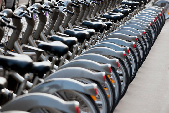 Bicycled parked in row on city street