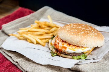 Cheese burger - American cheese burger with Golden French fries