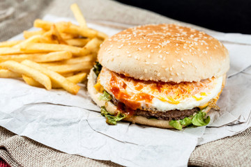 Cheese burger - American cheese burger with Golden French fries