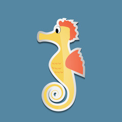 Bright colorful sticker with sea horse on a blue background. Vector illustration of sea animals