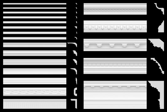 A set of cornices and friezes isolated on a black background. 3D visualization of gypsum stucco. Seamless texture of classic white plinth.