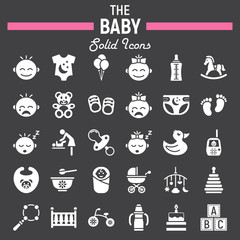 Baby solid icon set, kid symbols collection, vector sketches, logo illustrations, filled pictograms package isolated on black background, eps 10.