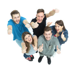 concept of success - successful young people look up stretching 