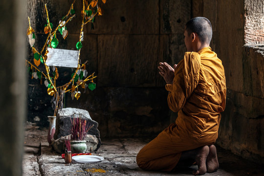 Young Buddhist monk praying inside temple in Angkor Wat, Siem Reap, Cambodia