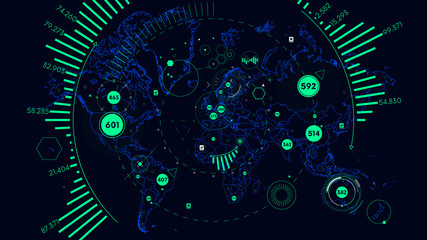HUD futuristic interface data visualization, Vector world map of world analytics