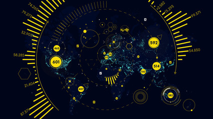 HUD futuristic interface global technology and telecommunication network, Vector world map of world analytics