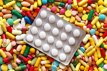 Medicine pills and blisters pack from above