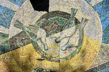 Background of ceramic Soviet mosaic. 1960s. A wall with a textured surface.  Korolev, Moscow region