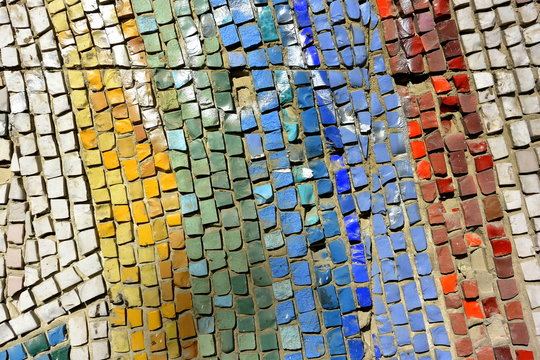 Background of ceramic Soviet mosaic. 1960s. A wall with a textured surface.  Korolev, Moscow region