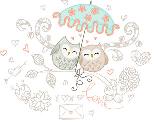 Loving couple of owls with umbrella
