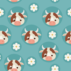 Cows and flowers blue seamless pattern