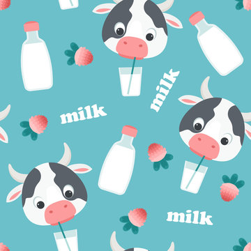 Cow drinking milk seamless pattern