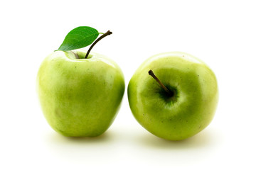 Two green apples on white