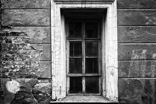 Vintage wooden window.Black and white toning. Moscow.