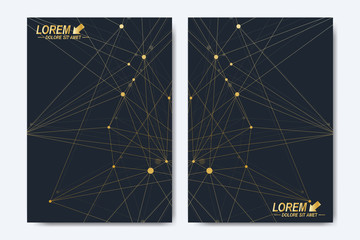 Modern vector template for brochure, Leaflet, flyer, cover, booklet, magazine or annual report. Golden presentation book layout. Geometric pattern with connected lines and dots. Lines plexus circles.