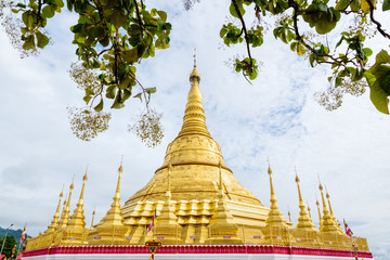 Fototapeta premium Tachileik Shwedagon Pagoda is a beautiful golden pagoda that imitates Shwedagon Paya Pagoda, tourist attraction near the Thai border at Tachileik town in Shan State, Myanmar (Burma)