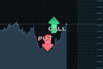 Chart with put and call color arrows binary option. 3D illustration