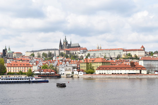 View of the city center of Prague in Czech Republic, seen by the bank of the river Vltava