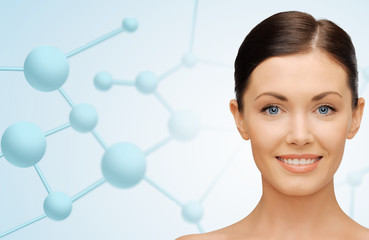 beautiful young woman face with molecules
