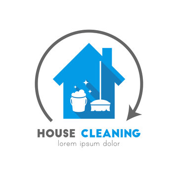 House cleaning service logo with bucket and broom in flat design. Circle arrow concept.